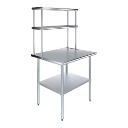 30" x 36" Stainless Steel Work Table with 12" Wide Double Tier Overshelf | Metal Kitchen Prep Table & Shelving Combo