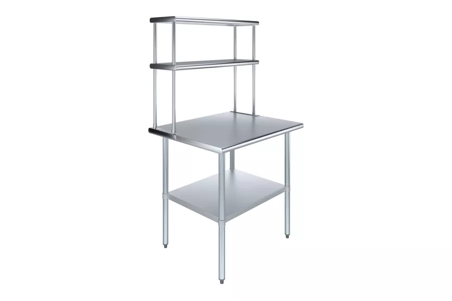 30" x 36" Stainless Steel Work Table with 12" Wide Double Tier Overshelf | Metal Kitchen Prep Table & Shelving Combo