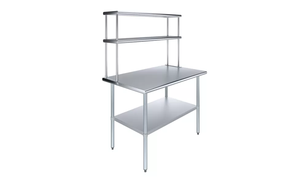 30" x 48" Stainless Steel Work Table with 12" Wide Double Tier Overshelf | Metal Kitchen Prep Table & Shelving Combo