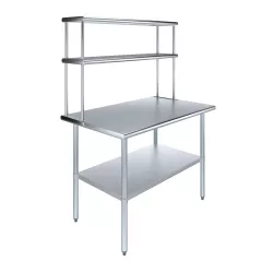 30" x 48" Stainless Steel Work Table with 12" Wide Double Tier Overshelf | Metal Kitchen Prep Table & Shelving Combo