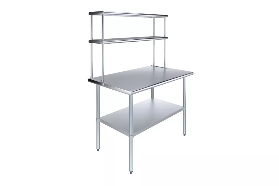 30" x 48" Stainless Steel Work Table with 12" Wide Double Tier Overshelf | Metal Kitchen Prep Table & Shelving Combo
