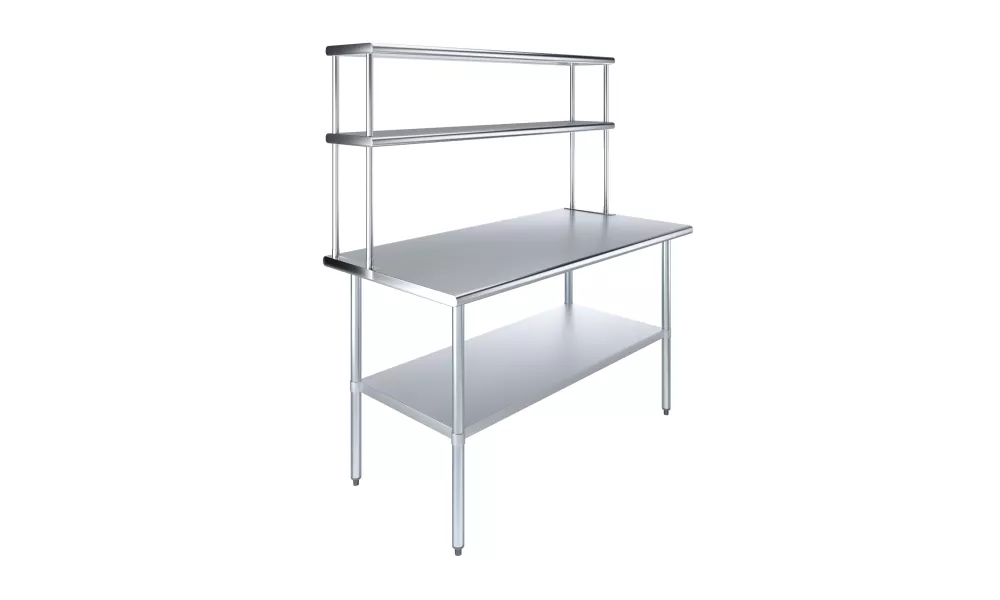 30" x 60" Stainless Steel Work Table with 12" Wide Double Tier Overshelf | Metal Kitchen Prep Table & Shelving Combo