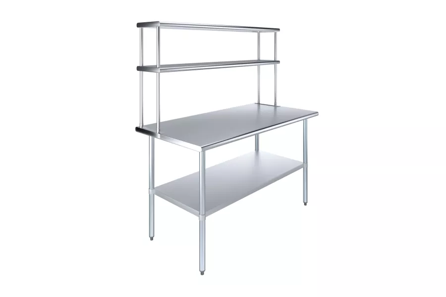 30" x 60" Stainless Steel Work Table with 12" Wide Double Tier Overshelf | Metal Kitchen Prep Table & Shelving Combo