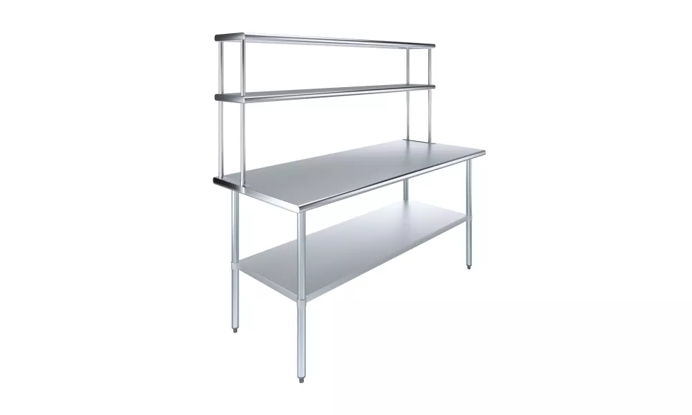 30" x 72" Stainless Steel Work Table with 12" Wide Double Tier Overshelf | Metal Kitchen Prep Table & Shelving Combo