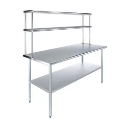 30" x 72" Stainless Steel Work Table with 12" Wide Double Tier Overshelf | Metal Kitchen Prep Table & Shelving Combo