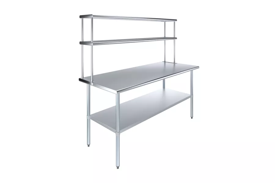 30" x 72" Stainless Steel Work Table with 12" Wide Double Tier Overshelf | Metal Kitchen Prep Table & Shelving Combo