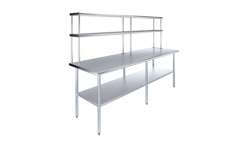 30" x 96" Stainless Steel Work Table with 12" Wide Double Tier Overshelf | Metal Kitchen Prep Table & Shelving Combo