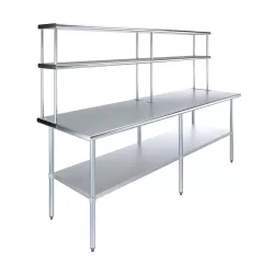30" x 96" Stainless Steel Work Table with 12" Wide Double Tier Overshelf | Metal Kitchen Prep Table & Shelving Combo