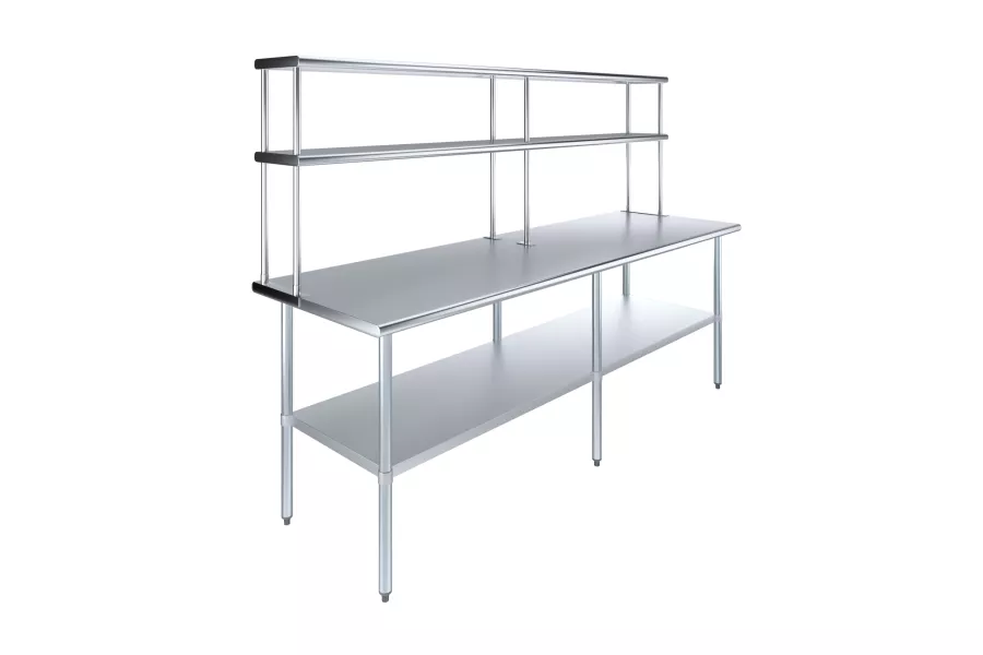 30" x 96" Stainless Steel Work Table with 12" Wide Double Tier Overshelf | Metal Kitchen Prep Table & Shelving Combo