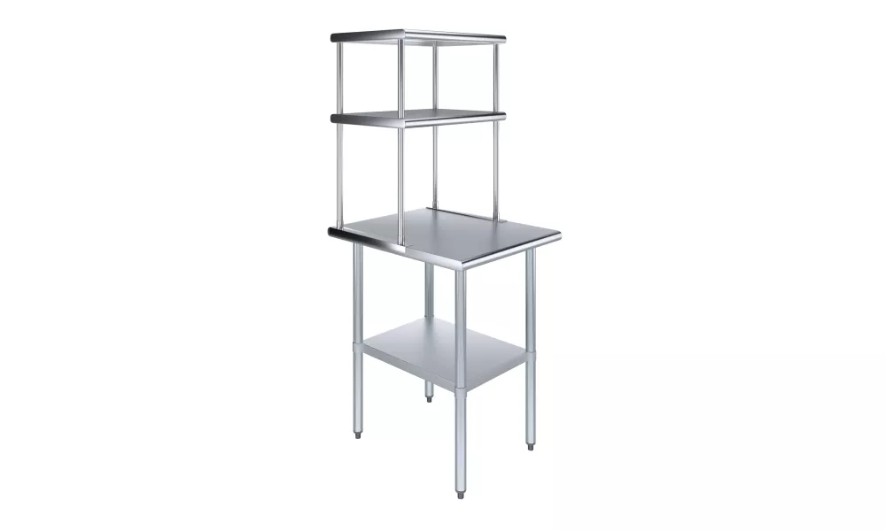 30" x 24" Stainless Steel Work Table with 18" Wide Double Tier Overshelf | Metal Kitchen Prep Table & Shelving Combo