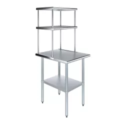 30" x 24" Stainless Steel Work Table with 18" Wide Double Tier Overshelf | Metal Kitchen Prep Table & Shelving Combo