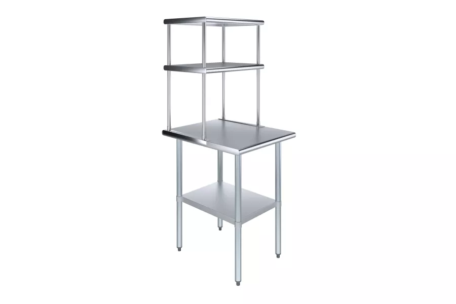 30" x 24" Stainless Steel Work Table with 18" Wide Double Tier Overshelf | Metal Kitchen Prep Table & Shelving Combo