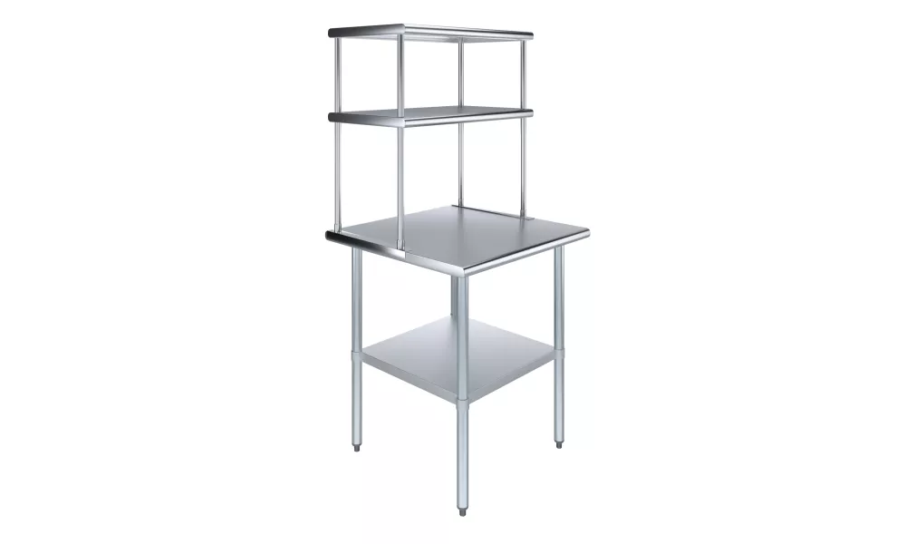 30" x 30" Stainless Steel Work Table with 18" Wide Double Tier Overshelf | Metal Kitchen Prep Table & Shelving Combo