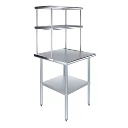 30" x 30" Stainless Steel Work Table with 18" Wide Double Tier Overshelf | Metal Kitchen Prep Table & Shelving Combo