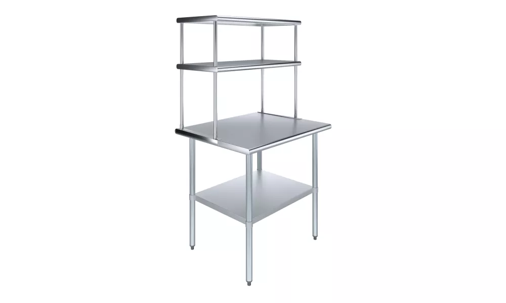 30" x 36" Stainless Steel Work Table with 18" Wide Double Tier Overshelf | Metal Kitchen Prep Table & Shelving Combo