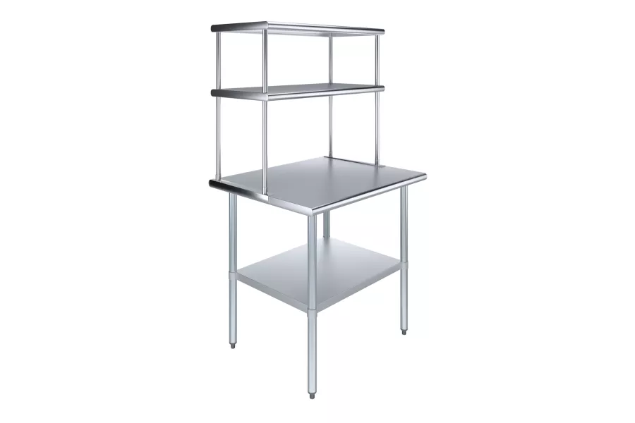 30" x 36" Stainless Steel Work Table with 18" Wide Double Tier Overshelf | Metal Kitchen Prep Table & Shelving Combo