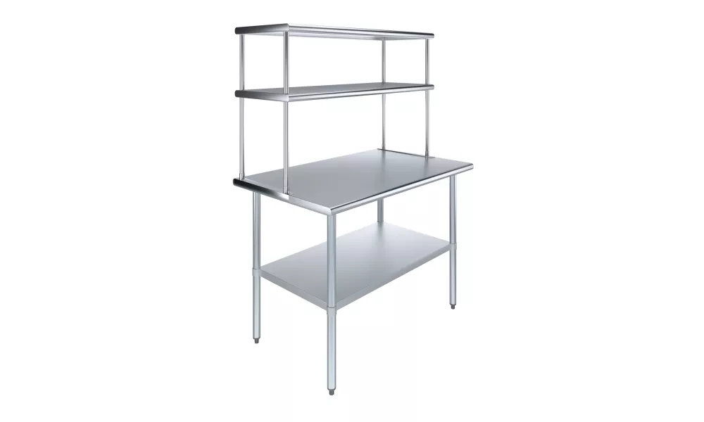 30" x 48" Stainless Steel Work Table with 18" Wide Double Tier Overshelf | Metal Kitchen Prep Table & Shelving Combo