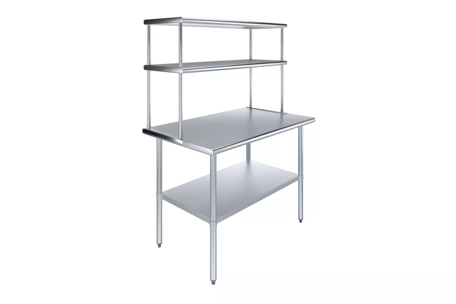 30" x 48" Stainless Steel Work Table with 18" Wide Double Tier Overshelf | Metal Kitchen Prep Table & Shelving Combo