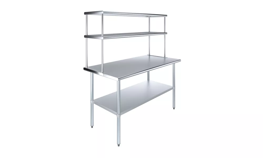 30" x 60" Stainless Steel Work Table with 18" Wide Double Tier Overshelf | Metal Kitchen Prep Table & Shelving Combo