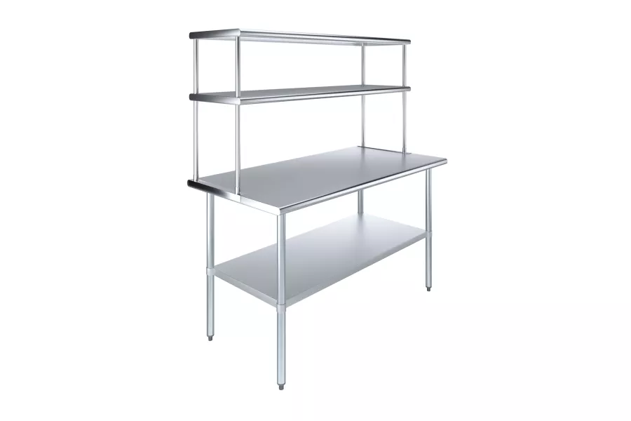 30" x 60" Stainless Steel Work Table with 18" Wide Double Tier Overshelf | Metal Kitchen Prep Table & Shelving Combo