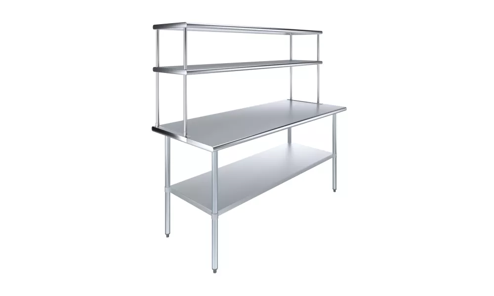 30" x 72" Stainless Steel Work Table with 18" Wide Double Tier Overshelf | Metal Kitchen Prep Table & Shelving Combo