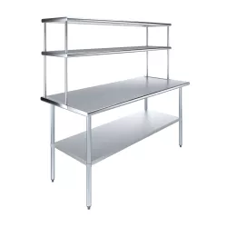 30" x 72" Stainless Steel Work Table with 18" Wide Double Tier Overshelf | Metal Kitchen Prep Table & Shelving Combo