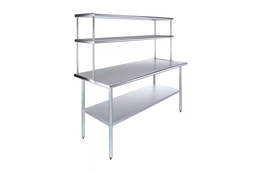 30" x 72" Stainless Steel Work Table with 18" Wide Double Tier Overshelf | Metal Kitchen Prep Table & Shelving Combo