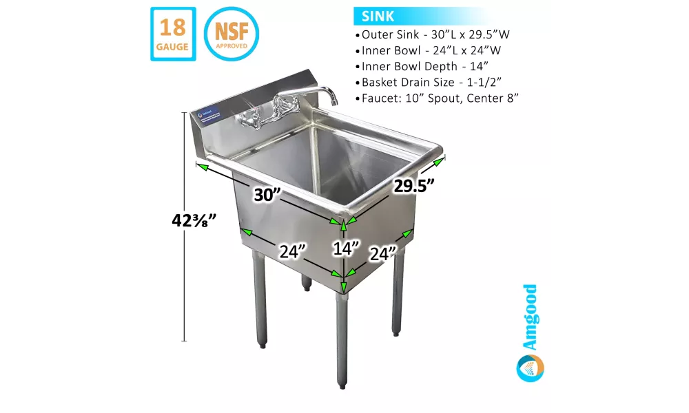 AmGood Stainless Steel Utility Sink. Bowl 24 in. x 24 in. x