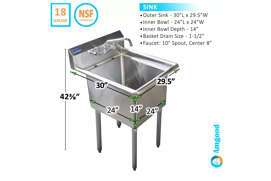thumbnail image 2 of Steelton 24x24x14 Stainless Steel Commercial Utility Sink With Faucet – 1 Compartment – Prep/Laundry Use 2 of 6