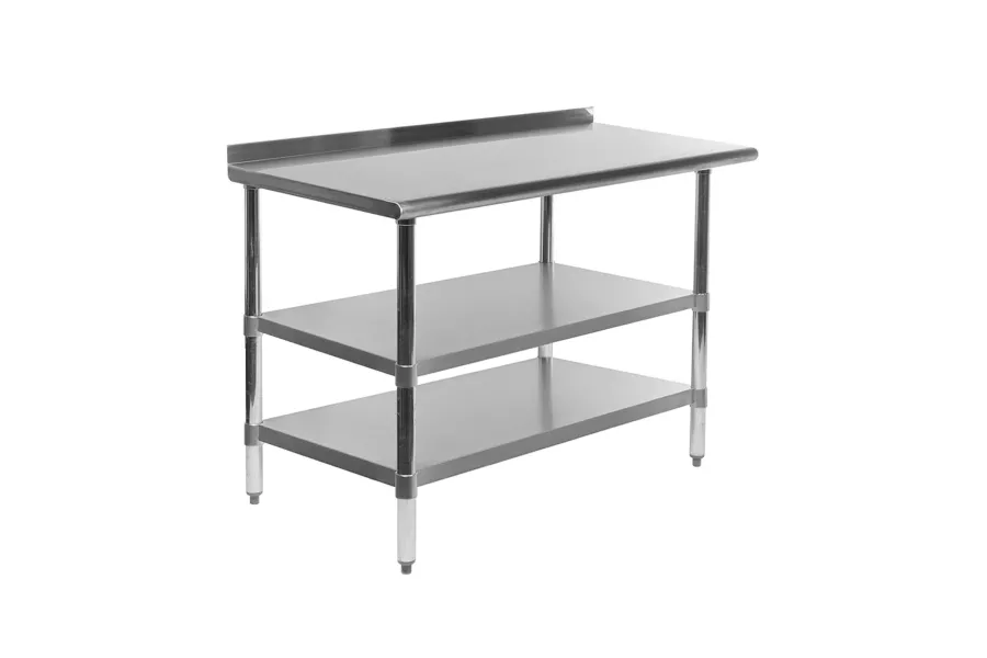 14" X 48" Stainless Steel Work Table with 1.5" Backsplash and 2 Shelves | Metal Kitchen Food Prep Table | NSF