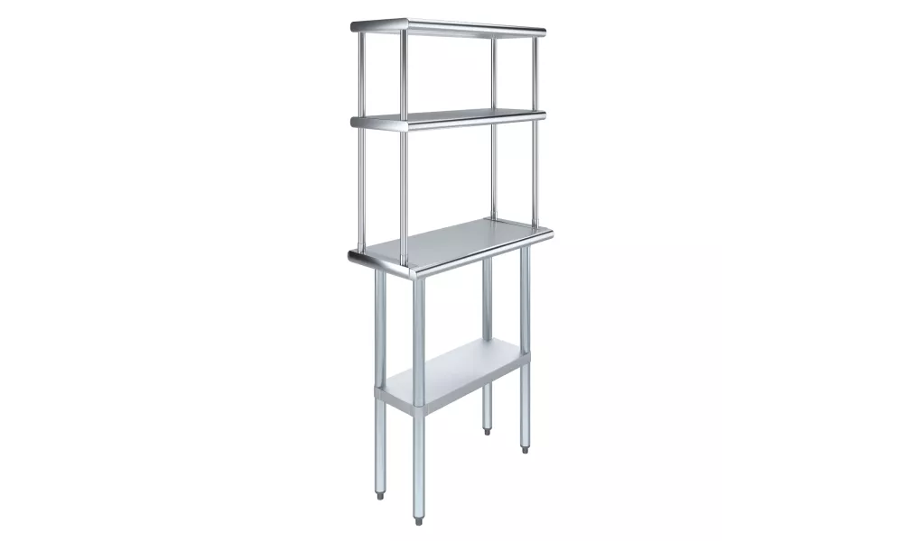 14" x 30" Stainless Steel Work Table with 12" Wide Double Tier Overshelf | Metal Kitchen Prep Table & Shelving Combo