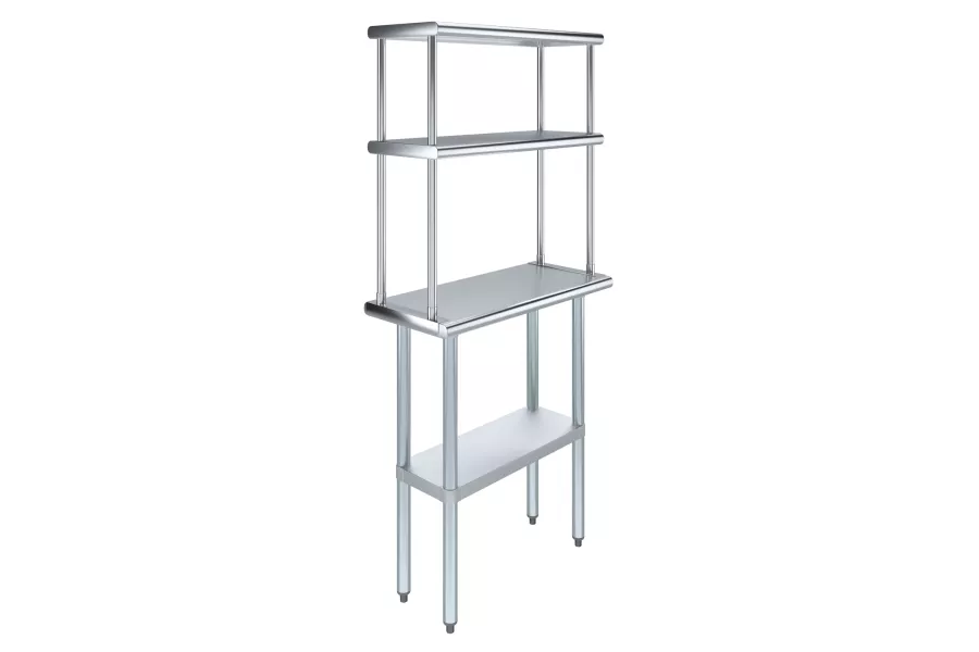 14" x 30" Stainless Steel Work Table with 12" Wide Double Tier Overshelf | Metal Kitchen Prep Table & Shelving Combo