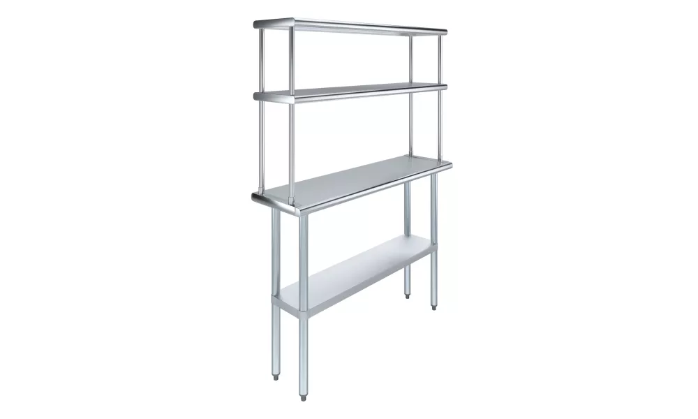 14" x 48" Stainless Steel Work Table with 12" Wide Double Tier Overshelf | Metal Kitchen Prep Table & Shelving Combo