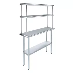 14" x 48" Stainless Steel Work Table with 12" Wide Double Tier Overshelf | Metal Kitchen Prep Table & Shelving Combo