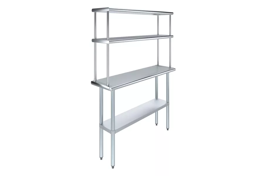 14" x 48" Stainless Steel Work Table with 12" Wide Double Tier Overshelf | Metal Kitchen Prep Table & Shelving Combo